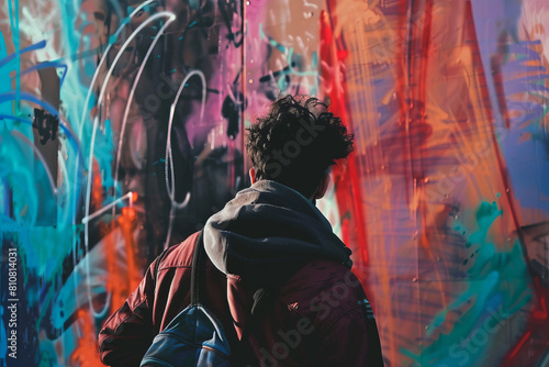 Artist at work on a colorful graffiti wall in urban setting