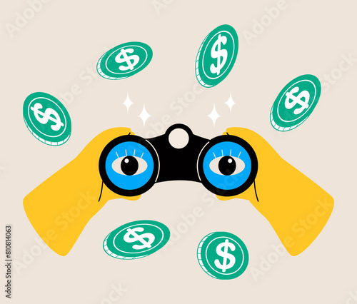 Hands holding binoculars. Financial study, observation concept. Colorful vector illustration