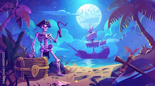 The nefarious pirate ghost on the haunted island has a hook hand and wooden leg prosthesis on a night tropical beach with ships, chests, and treasure maps. Cartoon modern illustration. photo