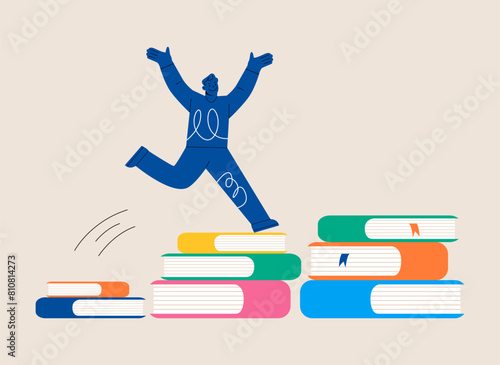 Successfully man going from one education level to another. Colorful vector illustration