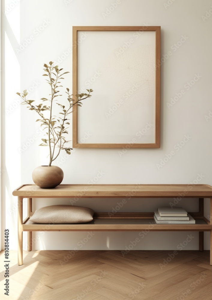A minimalist room with a wooden bench accompanied by a vase and pillow, and abstract artwork framed on the white wall A minimalist room with a wooden bench accompanied by a vase and pillow, and abstract artwork framed on the white wall