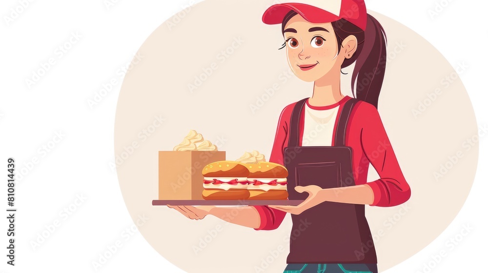 Happy Delivery Woman with Fast Food - Cartoon Illustration Happy Delivery Woman with Fast Food - Cartoon Illustration