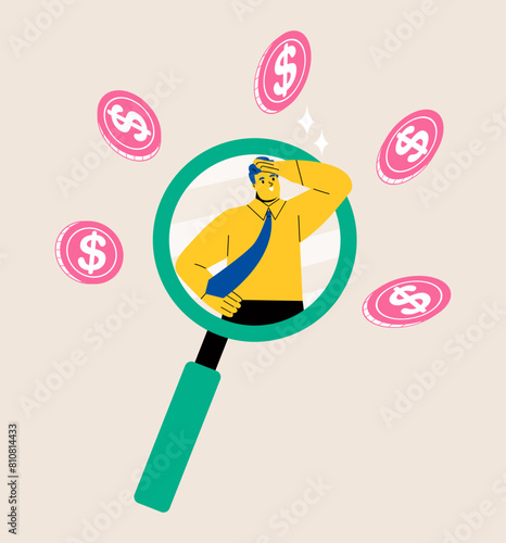 Business man observing a huge coin with a magnifying glass. Financial study, observation concept. Flat vector illustration isolated on white background
