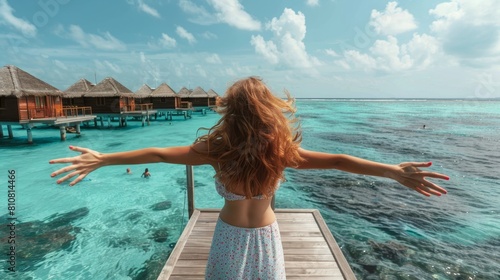 Giovane donna che si diverte a braccia aperte in libertà, vista da dietro, durante una vacanza con sullo sfondo Hotel e il mare cristallino delle Maldive