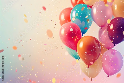 A bunch of colorful balloons and confetti on a pastel background. Air. Helium