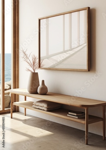 An elegantly simple room featuring a wooden bench with cushions and framed artwork hanging above it near a window with sunlight