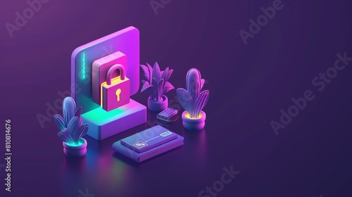 Isometric landing page with two-factor authentication, secure login by password, SMS with push code on smartphone, pc desktop lock, 3D modern web banner with two-factor authentication photo