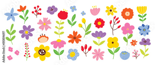 Collection of spring colorful flower elements vector. Set floral of wildflower, leaf branch, foliage on white background. Hand drawn blossom illustration for decor, easter, sticker, clipart, print.