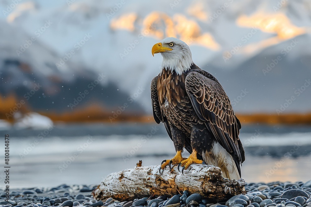 Fototapeta premium A regal bald eagle sits on a log amidst a snowy landscape with mountains in the background evoking majesty and freedom