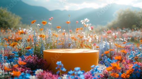yellow podium on beautiful wildflowers background outdoor, for product presentation, copy space