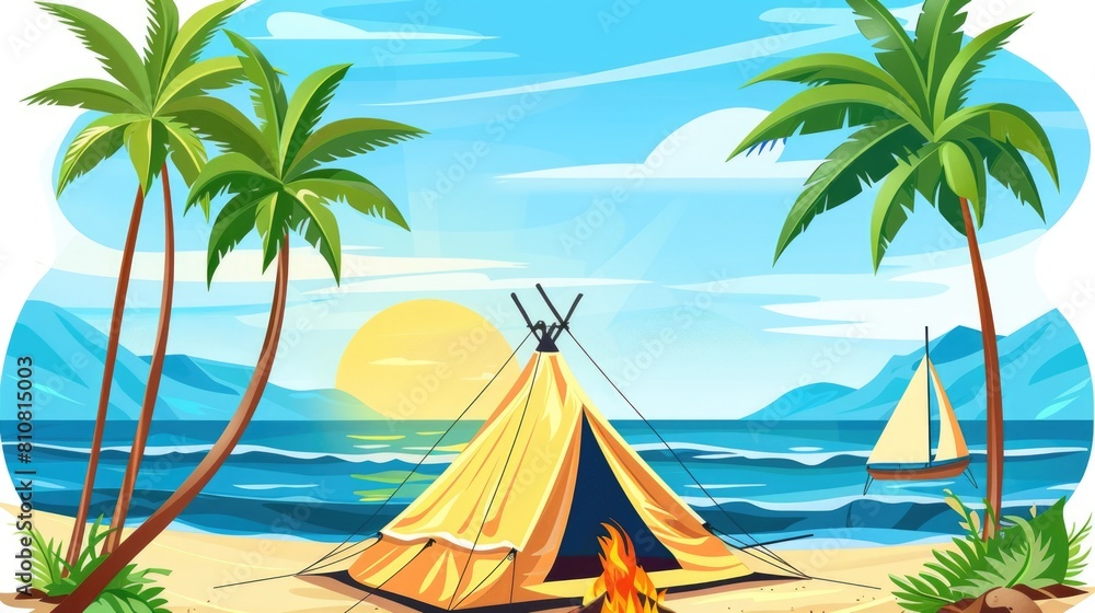 Obraz premium Sunny Beach with Tent and Palm Trees