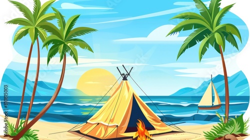 Sunny Beach with Tent and Palm Trees