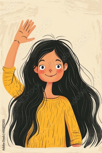 Cheerful Young Girl Waving Hello in Yellow Shirt