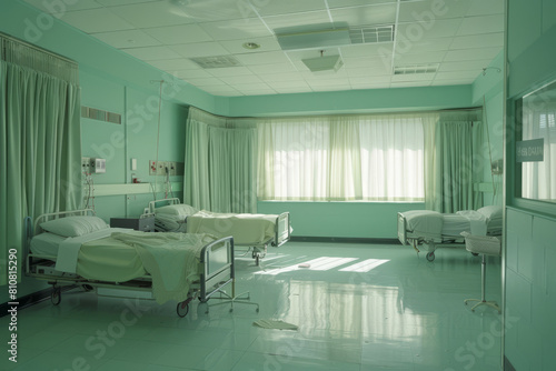 Spacious and calm hospital room with multiple beds and equipment photo
