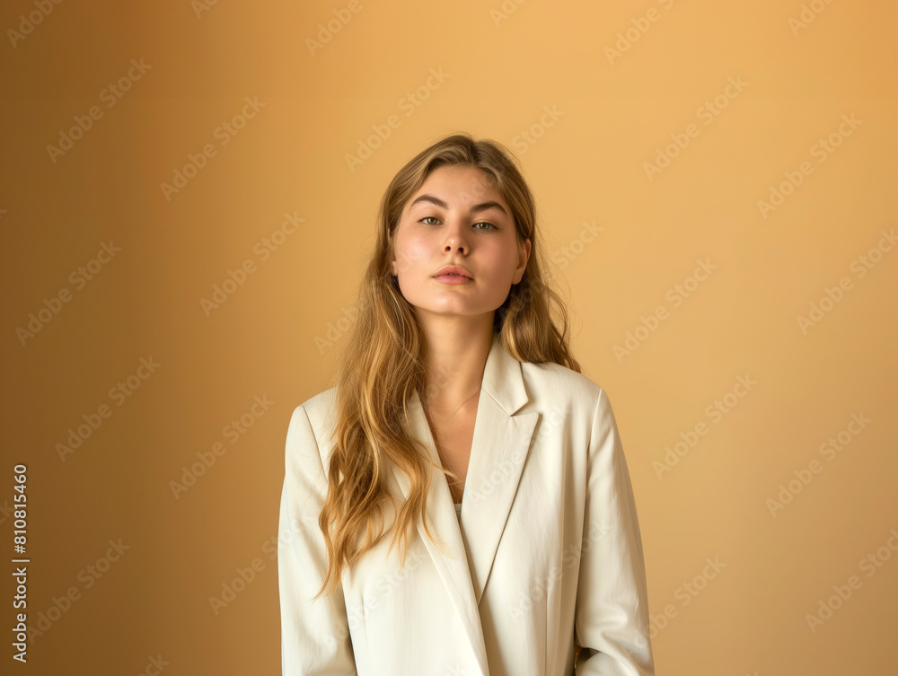 Portrait of a Young Woman in a White Blazer on a Beige Background. Studio Fashion Photography. Design for Magazine, Advertisement Portrait of a Young Woman in a White Blazer on a Beige Background. Studio Fashion Photography. Design for Magazine, Advertisement