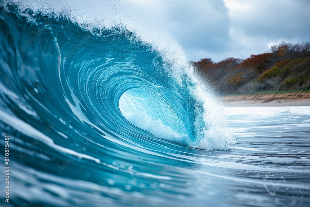 A stunning blue wave with a perfect curl on a sunny day with the sandy shore and foliage in the background