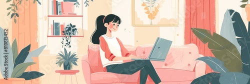Happy Woman Working on Laptop in Cozy Home Setting photo