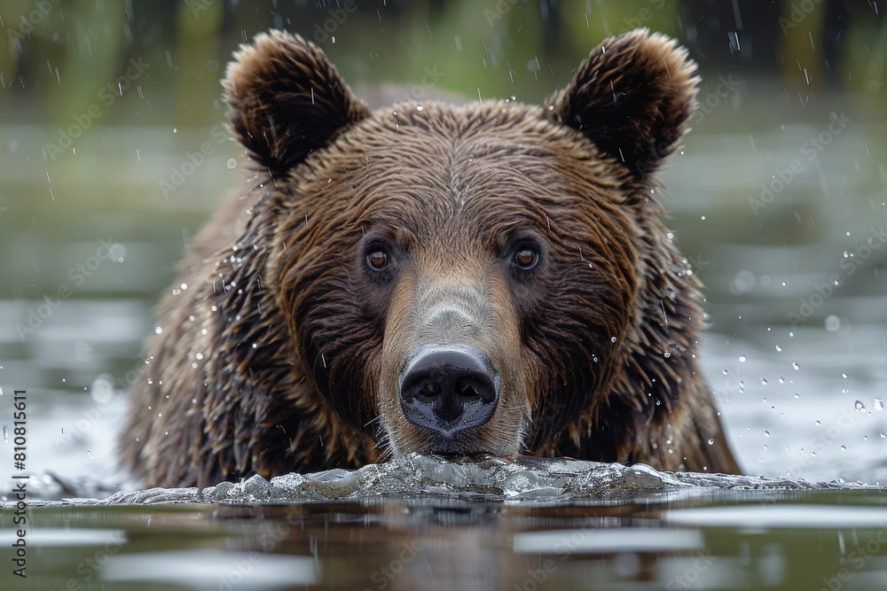 Serene image of a brown bear's face emerging from water, raindrops accentuating the scene Serene image of a brown bear's face emerging from water, raindrops accentuating the scene