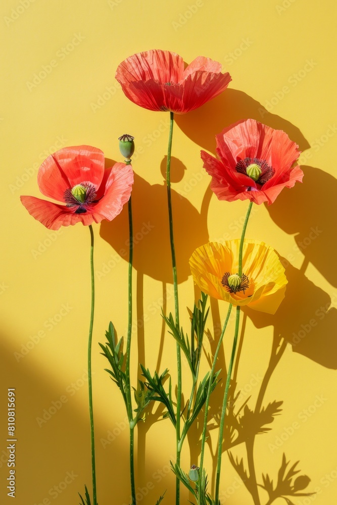 Naklejka premium Bright red and yellow poppies with visible shadows against a yellow sunny background