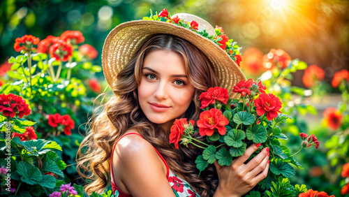 Portrait of a beautiful woman with geraniums