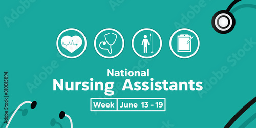 National Nursing Assistant Week. Heart, Stethoscope, patient and notes. Great for cards, banners, posters, social media and more. Light blue background.