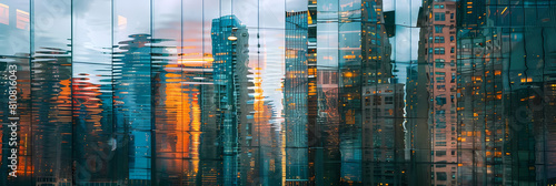 abstract cityscape reflections at dusk, featuring a towering skyscraper, a bustling street, and a serene river flowing through the center