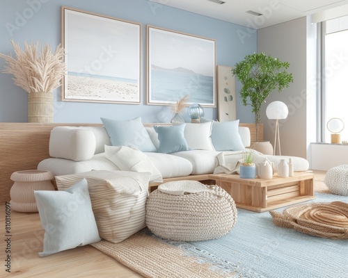 Calm living room interior with a soft seaside theme, utilizing gentle blues and natural textures for a relaxing vibe