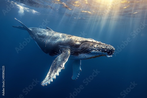 Intimate moment with a mother humpback whale and her calf bonding in the sunlit ocean depths photo