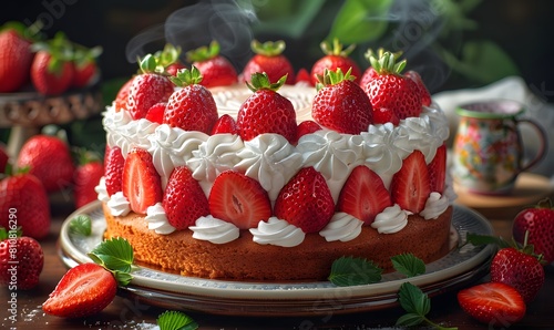 a strawberry cake with an showcasing intricate decorations and garnishes  positioned on a kitchen table alongside fresh strawberries  appealing to foodies and dessert