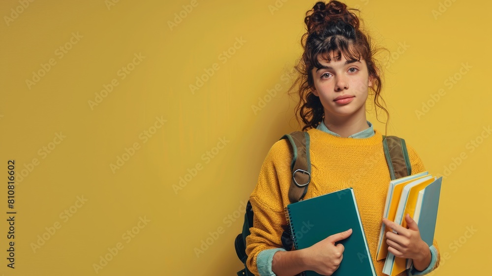 A student stands with a neutral expression, holding notebooks and wearing a backpack against a solid background, ready for the day ahead. A student stands with a neutral expression, holding notebooks and wearing a backpack against a solid background, ready for the day ahead.