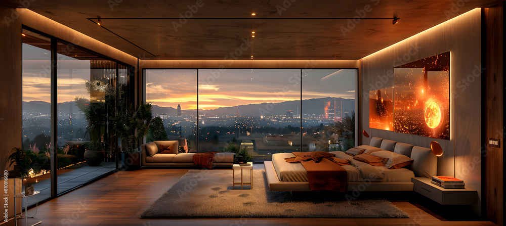 Elegant bedroom with floor-to-ceiling windows, minimalist furnishings, and warm lighting Elegant bedroom with floor-to-ceiling windows, minimalist furnishings, and warm lighting
