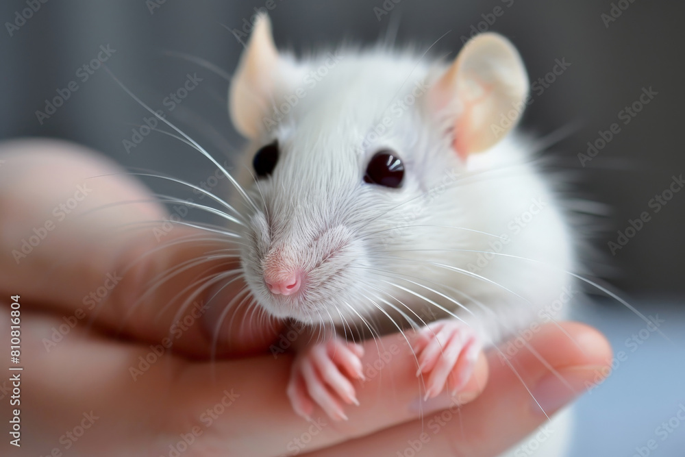 white laboratory mouse on the hand of a person white laboratory mouse on the hand of a person
