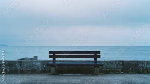 AI generated illustration of a lone bench set against a calm ocean backdrop