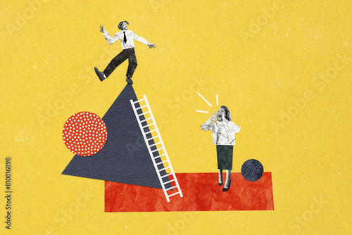 Composite photo collage of angry bossy girl scream lazy guy climb vertex promotion concept career ladder isolated on painted background photo