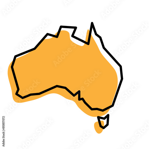 Australia country simplified map. Orange silhouette with thick black sharp contour outline isolated on white background. Simple vector icon