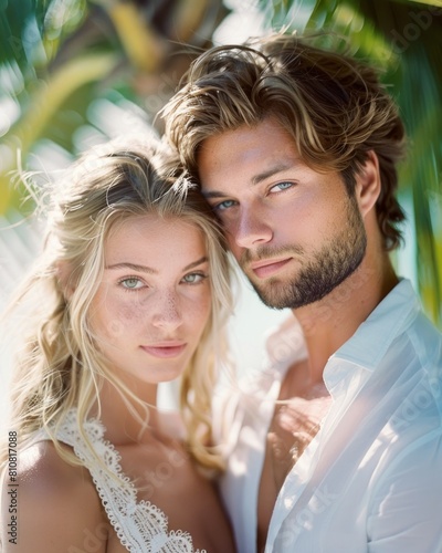 Fashion-forward couple posing with a mesmerizing look amidst a tropical backdrop, exuding style and intimacy photo