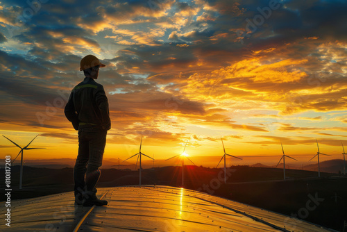 Engineer admiring sunset at wind farm after successful day © standret