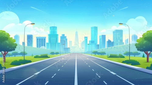 A highway with a skyscraper building and modern houses. Parallel two-lane road with street lamps and green fields. Urban cityscape modern illustration.