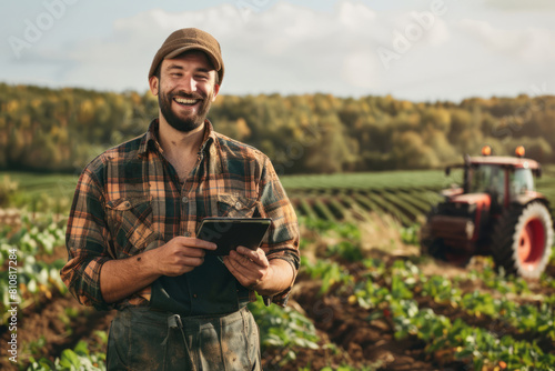 Happy farmer with a tablet smiling in a lush field