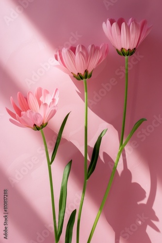 Trio of pink blossoms with stems casting shadows on a monochromatic pink background photo