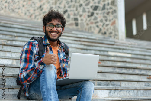 Happy Indian student with laptop sitting on stairs outdoors