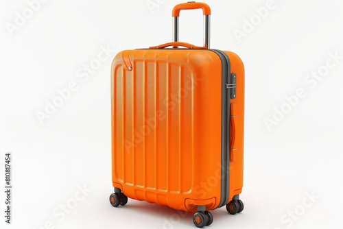 A vivid orange, hard-shell suitcase with an extended handle against a white background