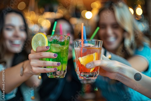 People toasting colorful trendy drinks - Young friends having fun together, drinking cocktails. Shallow depth of field. 