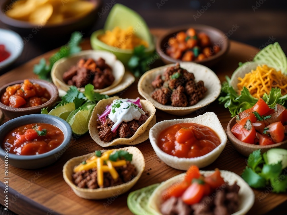 Featuring an assortment of mini tacos filled with a variety of meats, vegetables, and toppings Featuring an assortment of mini tacos filled with a variety of meats, vegetables, and toppings