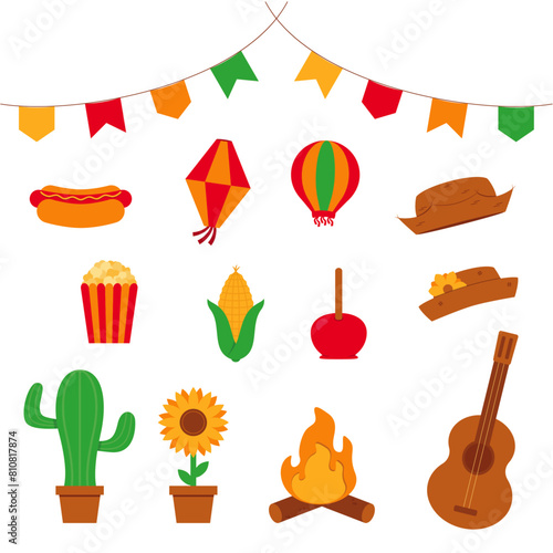 Elementos de festa junina (arraial de São João) - balão, pipoca, cachorro-quente, milho, maçã do amor, cacto, girassol, fogueira, violão e chapéu caipira. Ilustração vetorial.