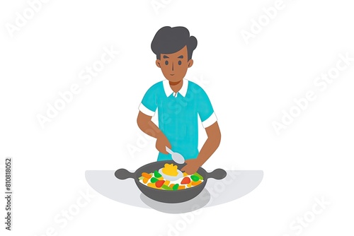 A flat vector illustration of a black man cooking in wok, white background, simple design. Cartoon illustration of a chef cooking in the pan. Simple minimalistic illustration of food industry