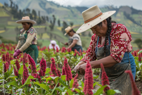 Hispanic farmers planting amaranthus in rural landscape photo