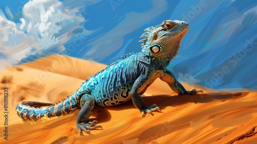 On a gold-sanded dune  an iguana sits on a lizard