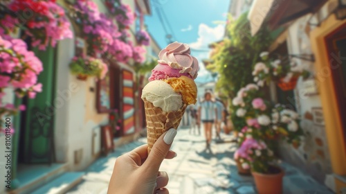 Mano di una donna tiene un bellissimo cono gelato dolce e luminoso con gusti diversi, su sfondo vecchia strada fiorita photo