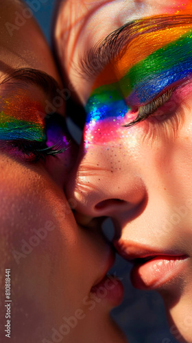 Young couple faces and eyes wearing eyeshadow makeup of lgbtq rainbow pride flag and trans pride flag vertical